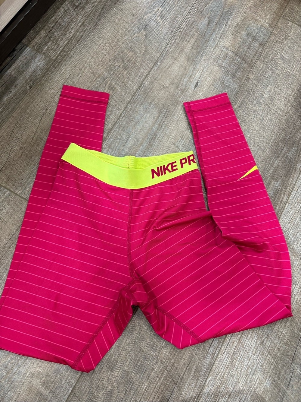 Nike Kids Hot Pink Compression Leggings with Neon Yellow Waistband